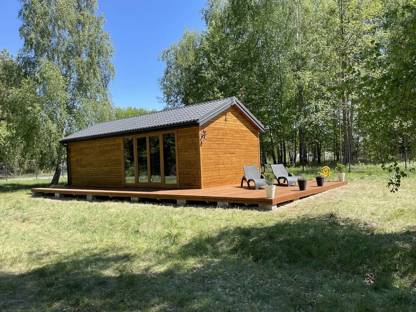 Domek drewniany z tarasem, otoczony drzewami